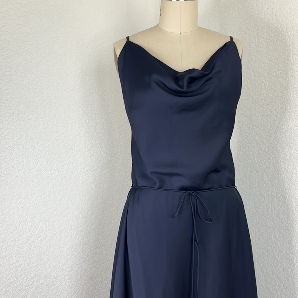 Low Classic Slim Cowl Dress Navy Button Belted - Picture 3 of 13